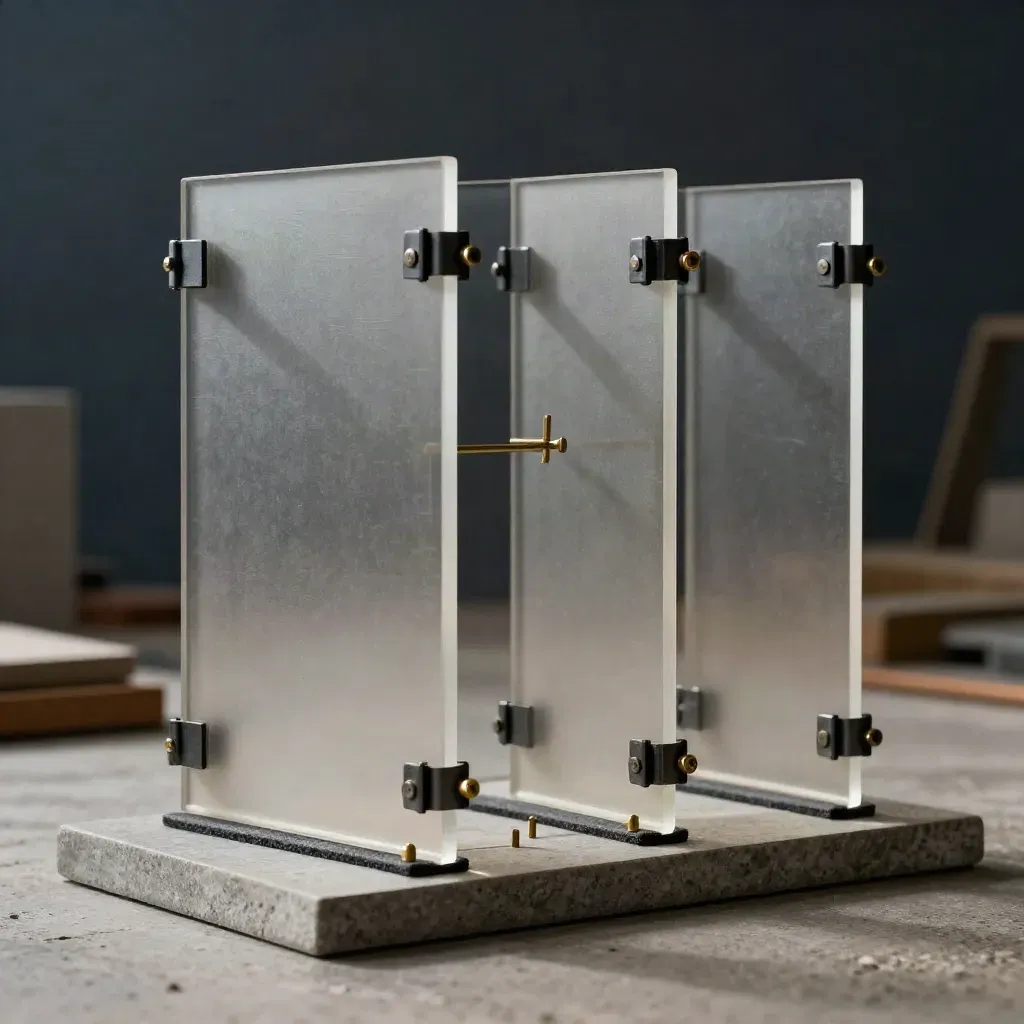 Frosted acrylic shareholder lattice balanced on brass in dramatic shadow, with a dark workshop behind it.