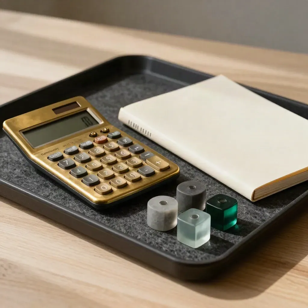 Brass calculator, sealed folio and three weights on a dark felt tray, top-down on pale oak.