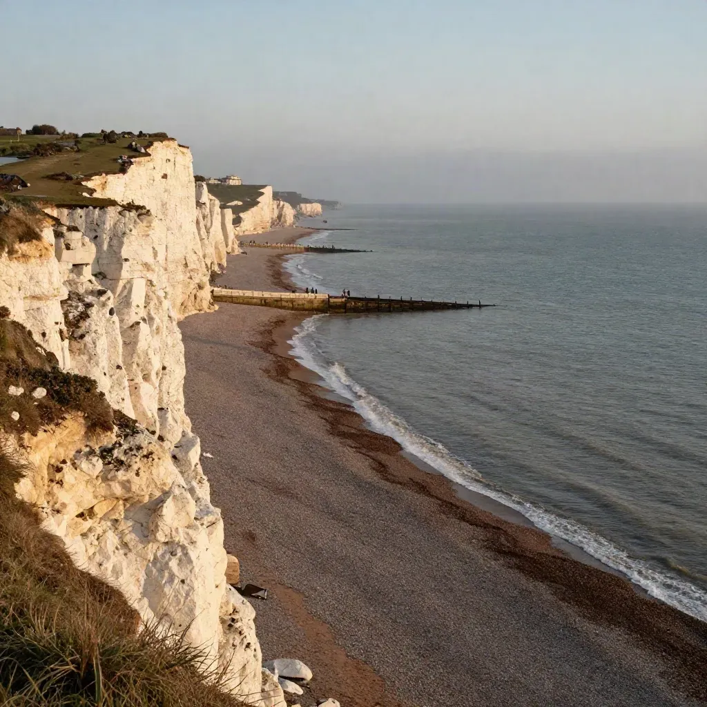 Brighton shoreline and chalk cliffs in golden haze with open calm sea below