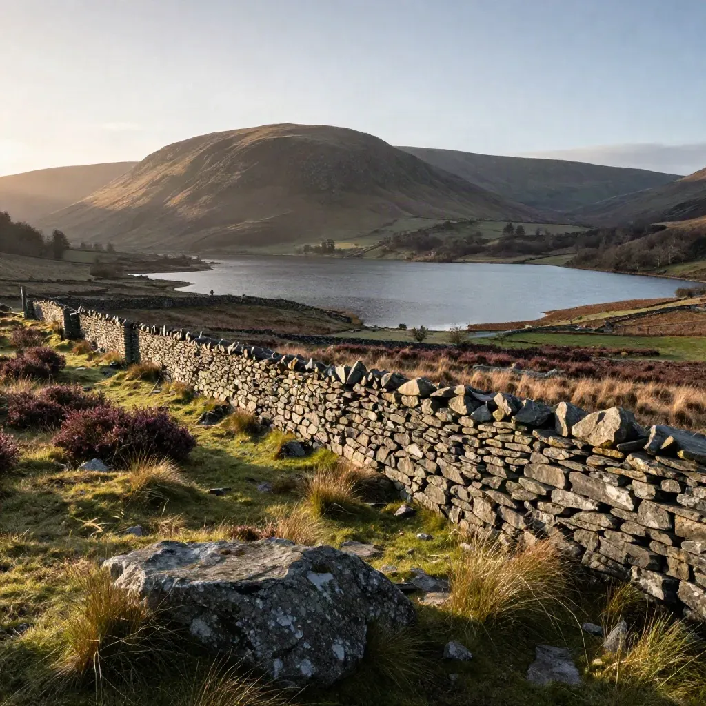 Lake District ridge above a still tarn, stone wall, and warm mist at sunset