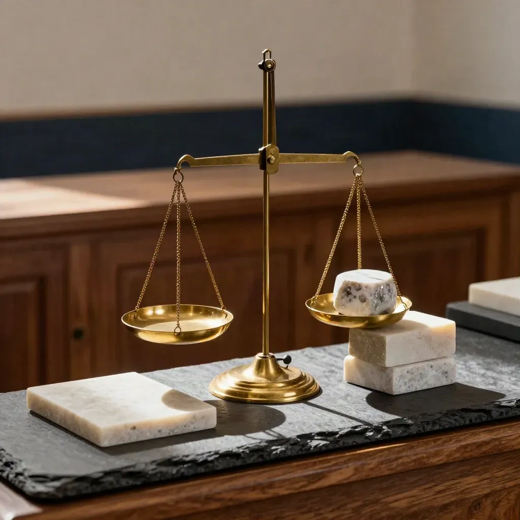 Brass balance scale settling beside stone sample blocks on a slate ledge.