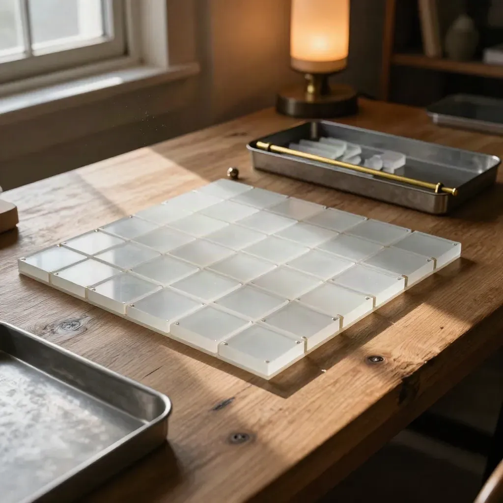 Frosted acrylic cap-table tiles and a metal token tray on a warm oak workbench in sunlit dust.