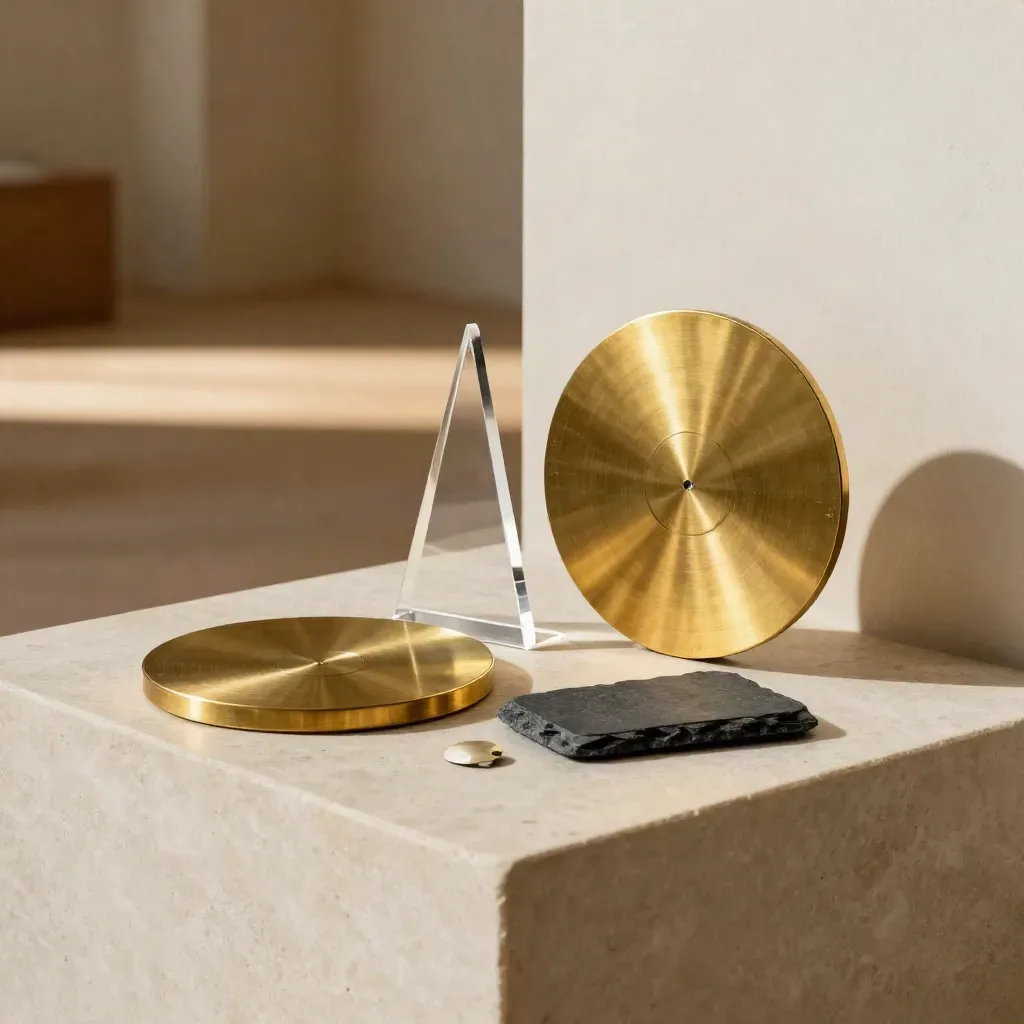 Brass discs, acrylic wedge and slate spacer on limestone, forming a balanced founder equity split.