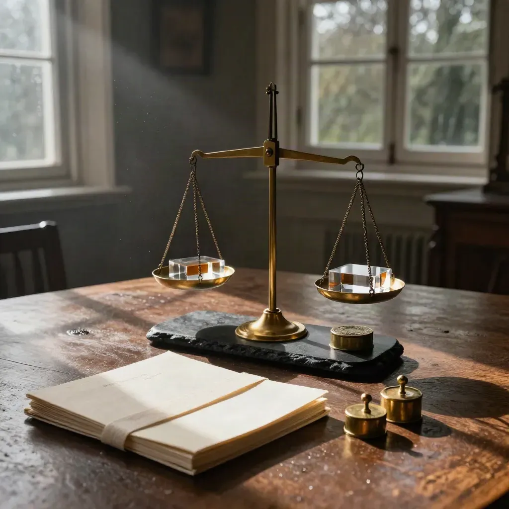 Premium equity-planning objects in a rainlit Georgian study, with balance scale and share blocks