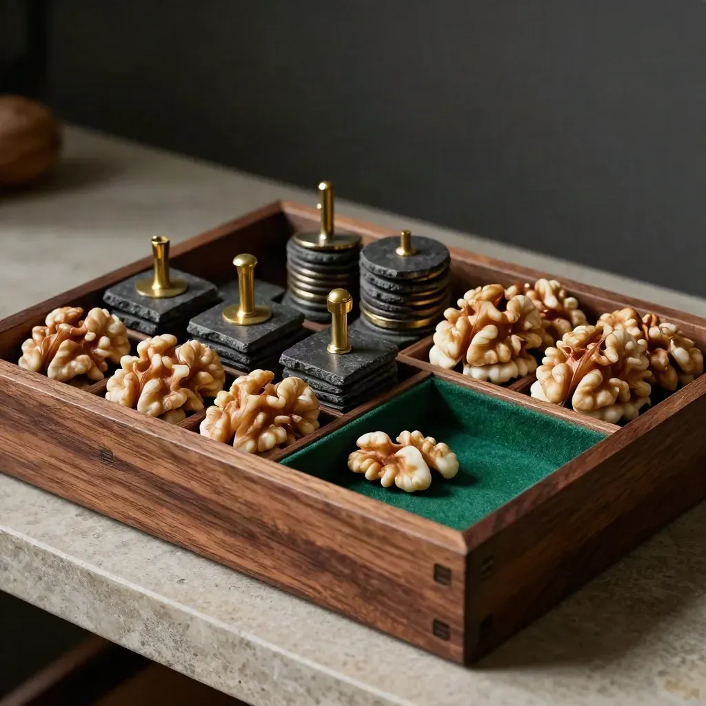 Walnut option-pool organiser with ivory chips and a small emerald-lined reserve compartment.