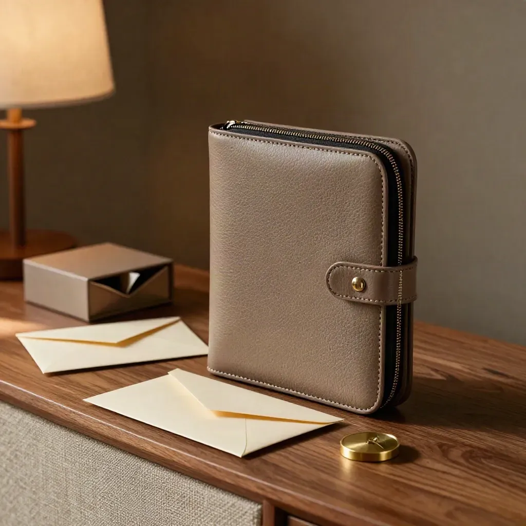 Leather folio, cream envelopes, brass token, and presentation box on a walnut sideboard by warm lamplight.