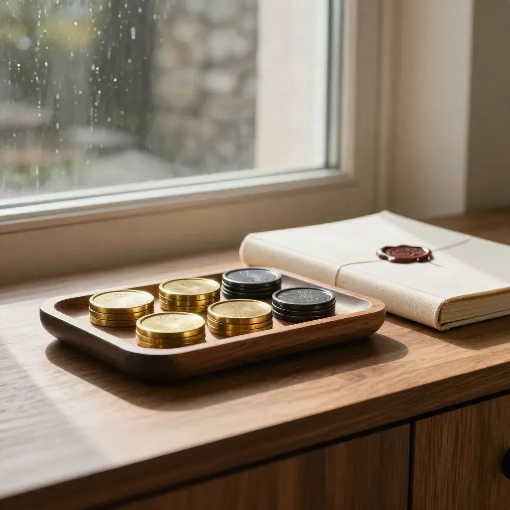 Brass share tokens in a walnut tray beside a cream folio, lit by warm rain-soft window light.