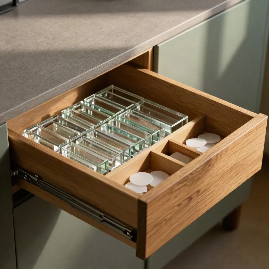 Open oak drawer with glass cap-table blocks and option chips in soft daylight.