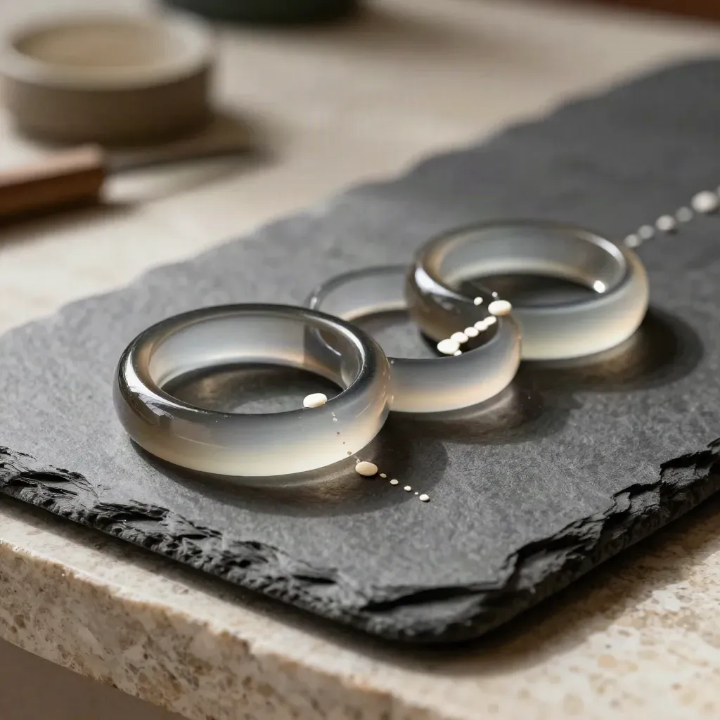 Nested translucent rings and counters tightening on a slate panel in soft daylight.