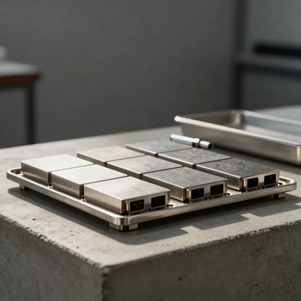 Blank metallic equity chips in a brushed tray, two open slots, on concrete under hard light