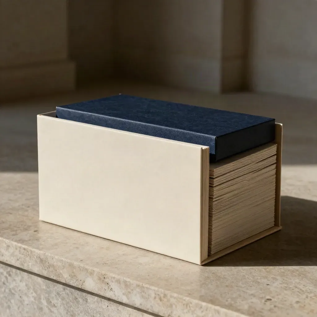 Premium folio case and sealed document box on limestone ledge in dramatic evening light.