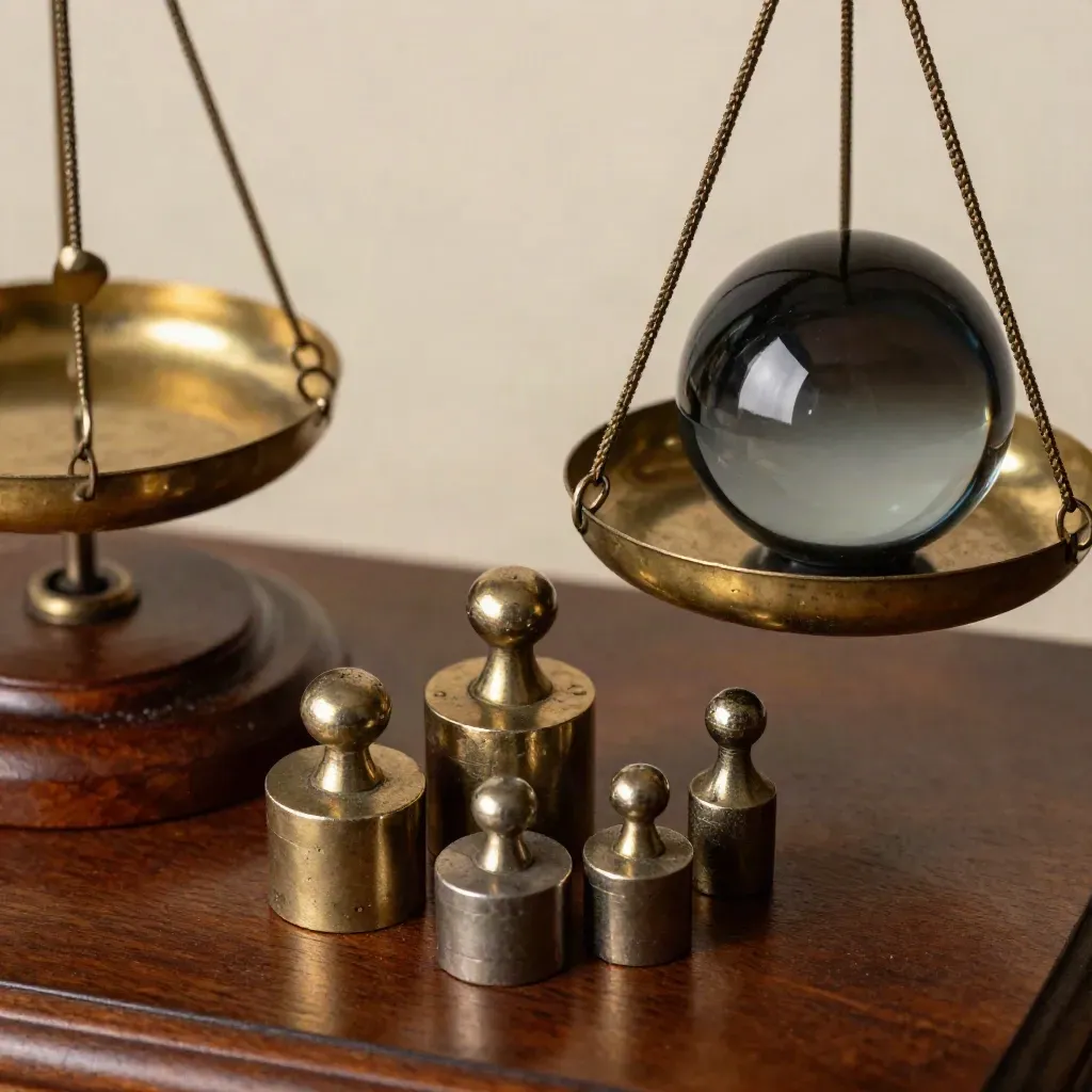 Macro brass balance scale with weights and black glass paperweight on dark wood