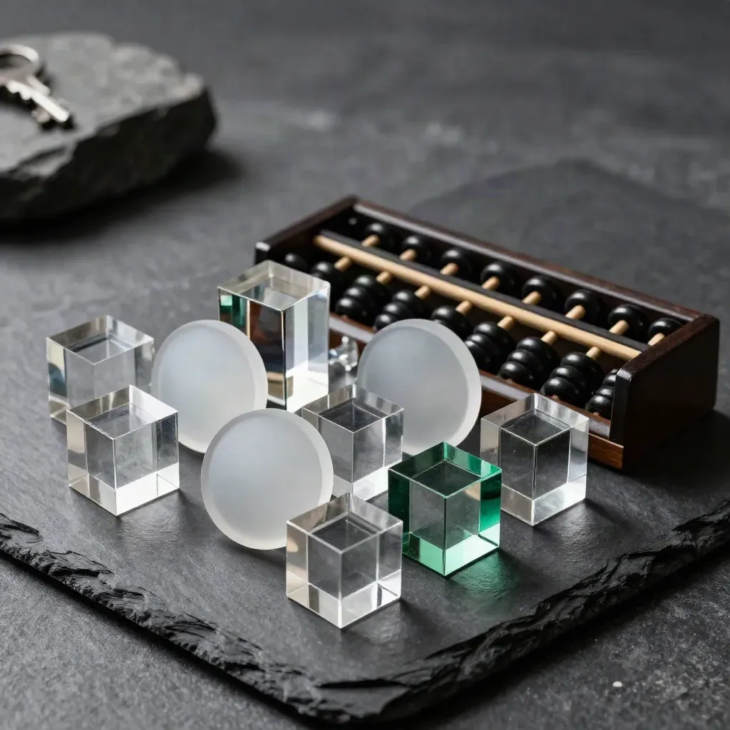 Acrylic equity-model cubes, counters and an abacus on charcoal slate under dramatic studio light.