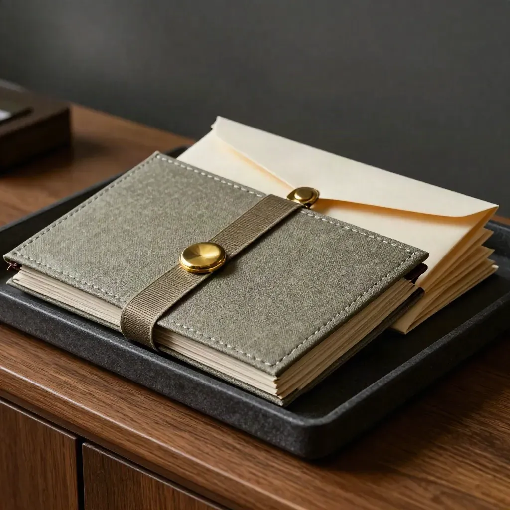 Cream equity presentation folio with brass clip and envelopes on an oak credenza