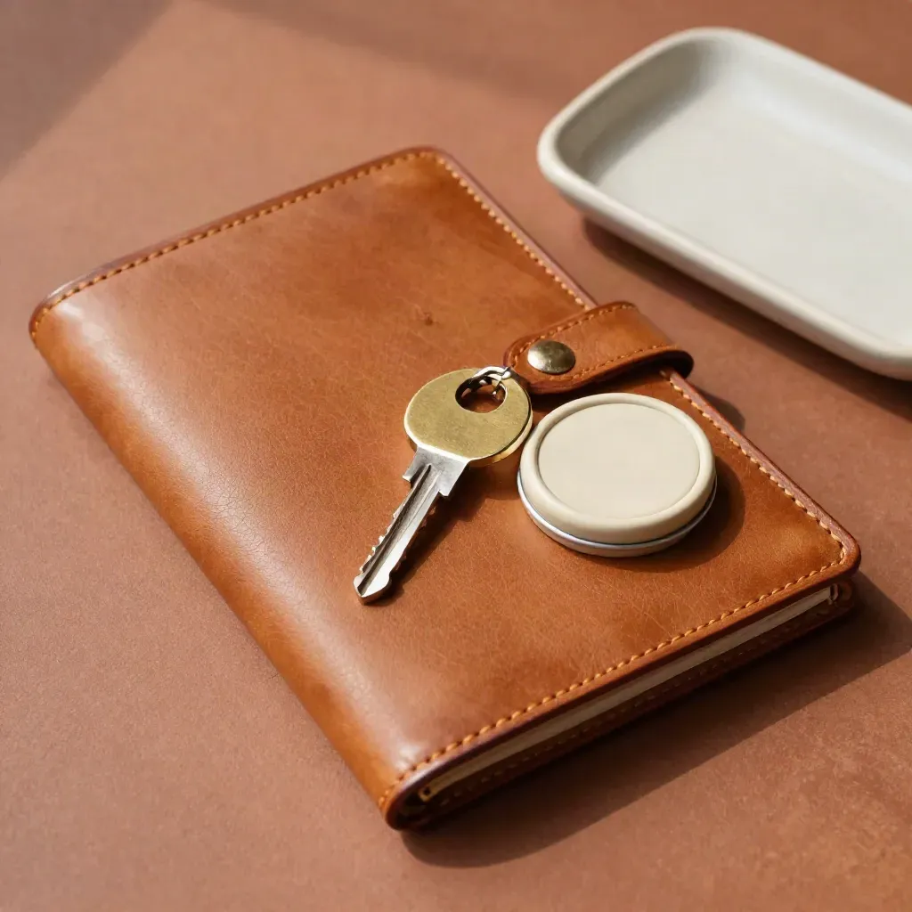 Leather folio, brass ring, wax tin and cream ceramic tray on terracotta clay.