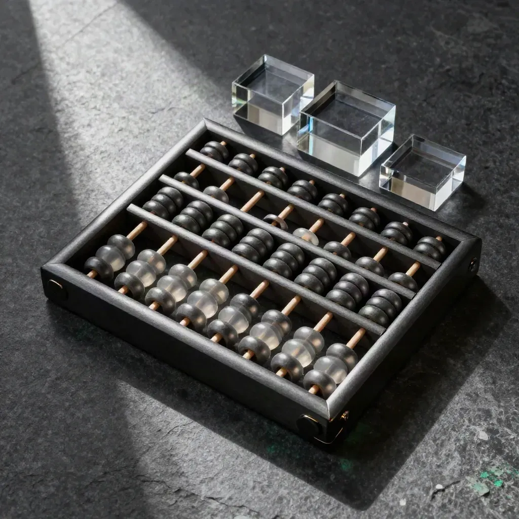 Overhead abacus, acrylic blocks and translucent counters on charcoal stone.
