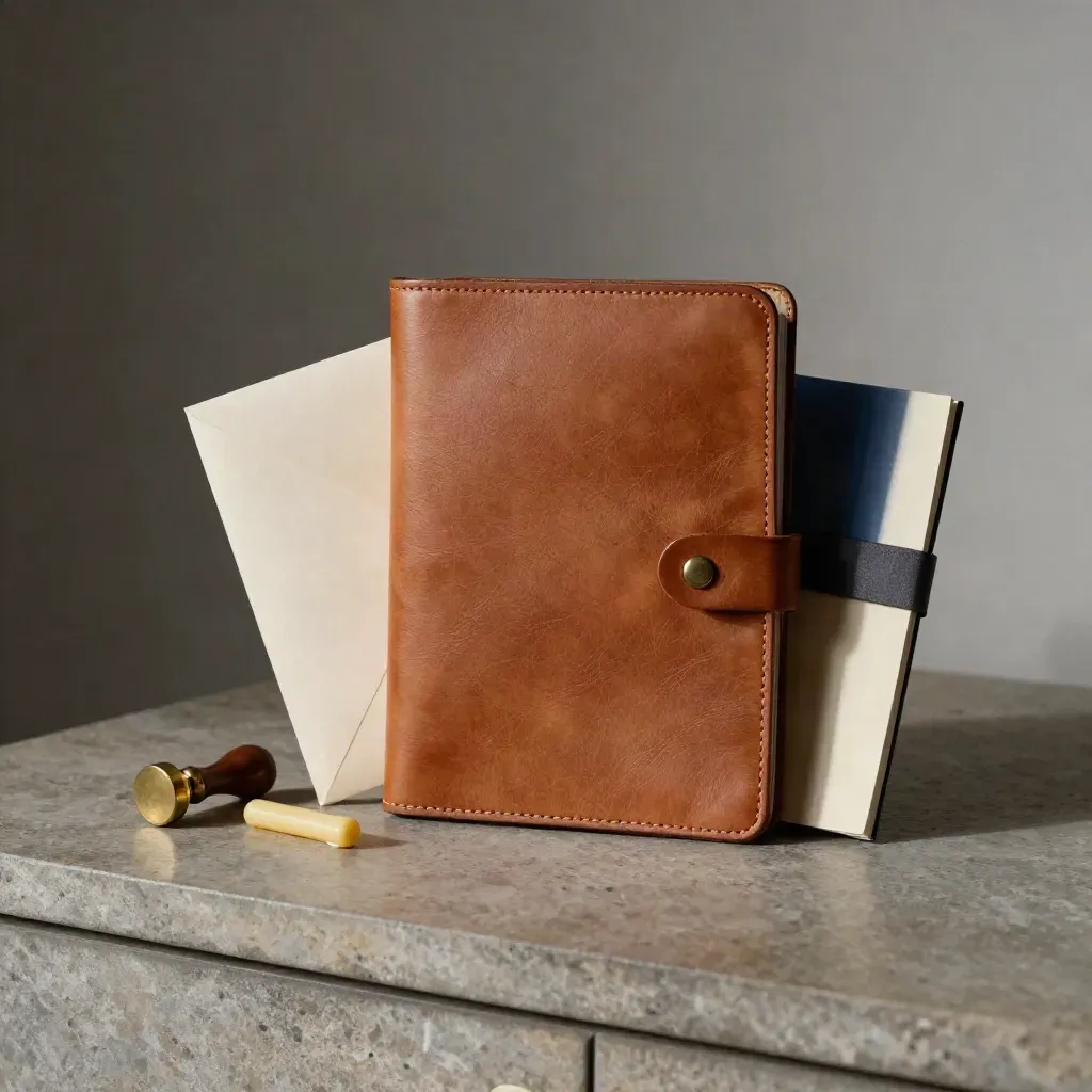 Leather folio, sealed notebook, envelope stack, and wax seal kit on stone.
