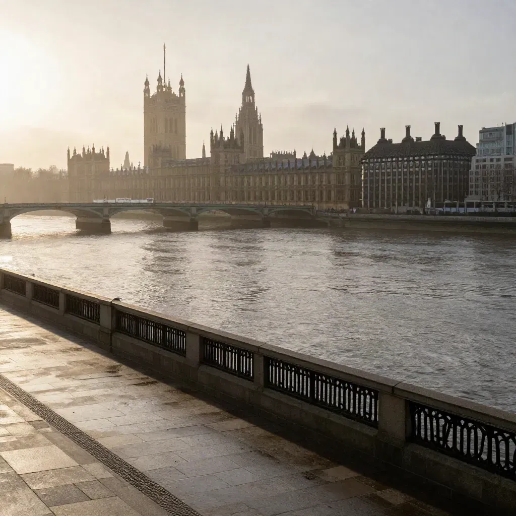 Westminster silhouette above the Thames in warm dawn haze over wet embankment stone